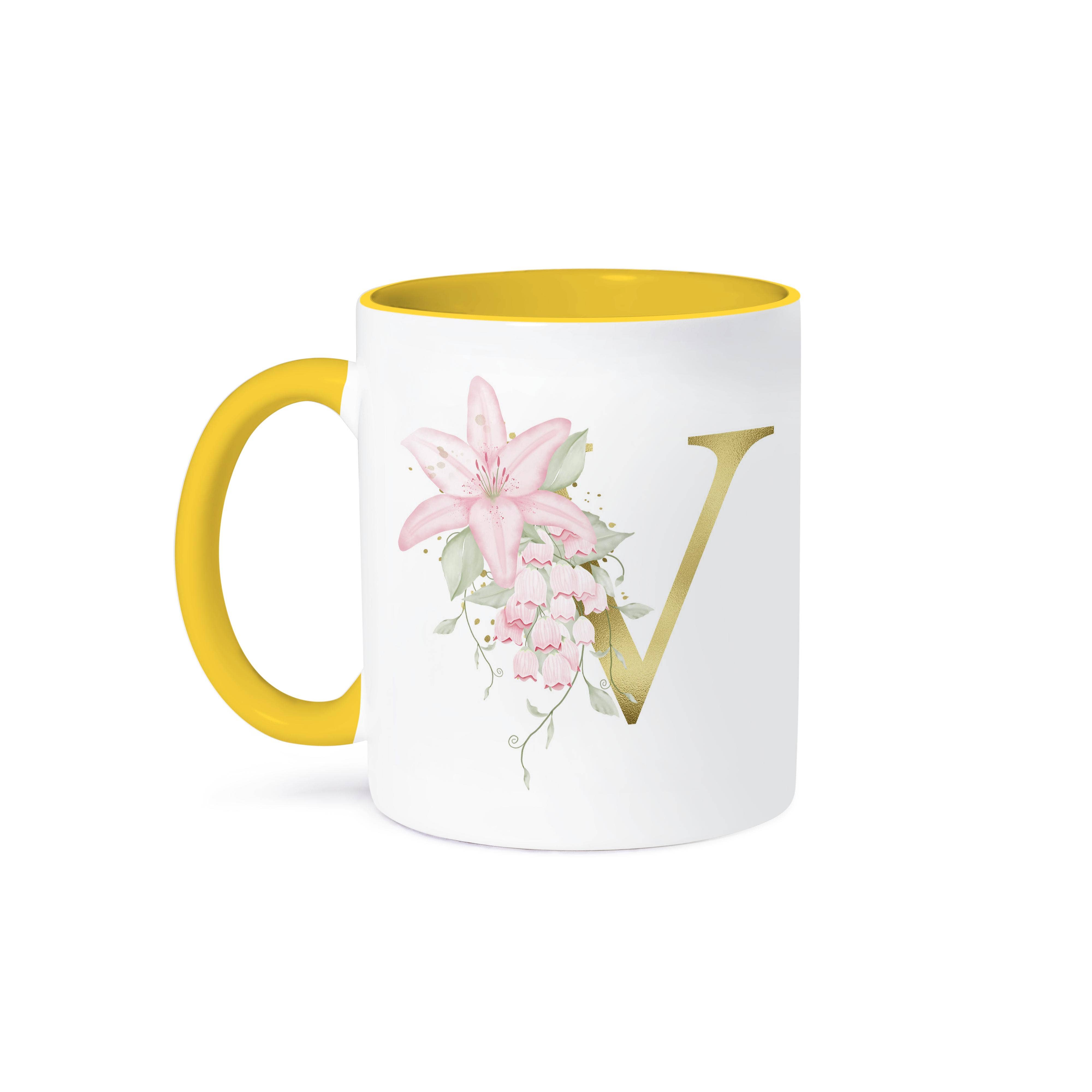 3dRose – wholesale Coffee mug – 3dRose, Pretty Pink Lily Floral Image Of Gold Monogram Initial V, Mug0