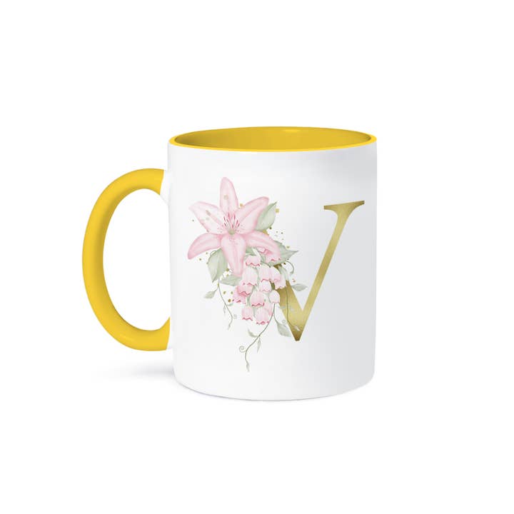 3dRose – wholesale Coffee mug – 3dRose, Pretty Pink Lily Floral Image Of Gold Monogram Initial V, Mug