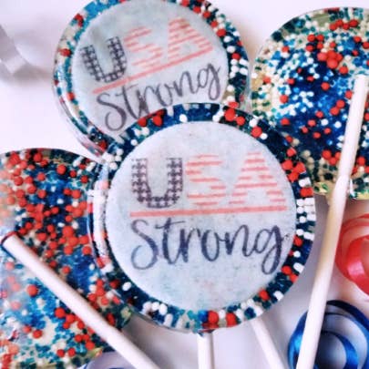 Fourth of July, USA Strong Patriotic Lollipops for wholesale by Homespun Parties