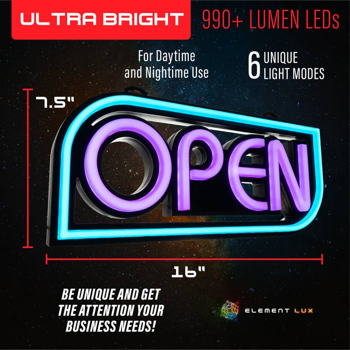Element Lux - Wholesale Neon Sign - Element Lux LED Open Sign - 49 Color Combos - 16 x 7.5in1