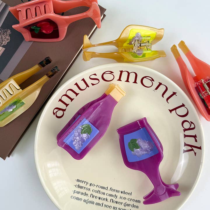 SoapElenGlen - Wholesale Hair Clip - Women's - Cherry Grape Pattern Wine Bottle & Glass Acetate Hair Claw6