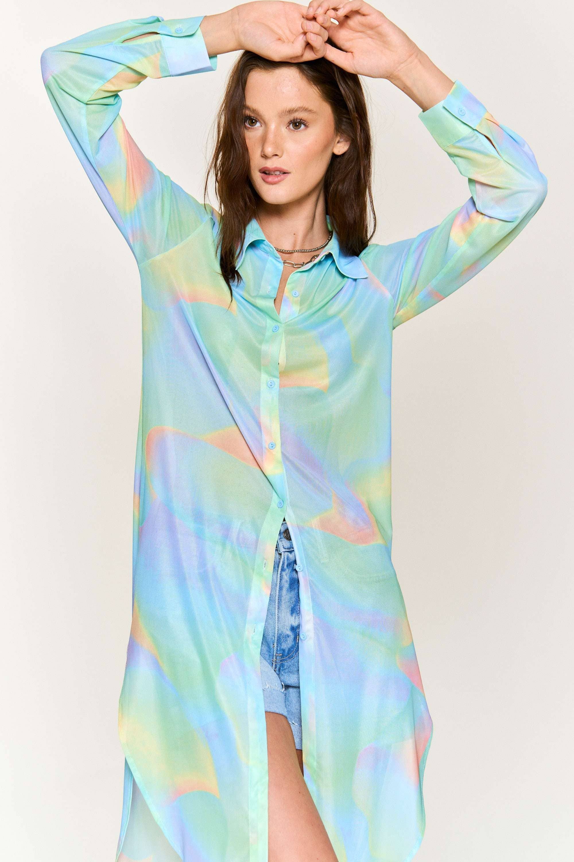 Hers & Mine - Wholesale Button Down Shirt - Women's - MESH TIE DYE BUTTON DOWN TUNIC SHIRT2
