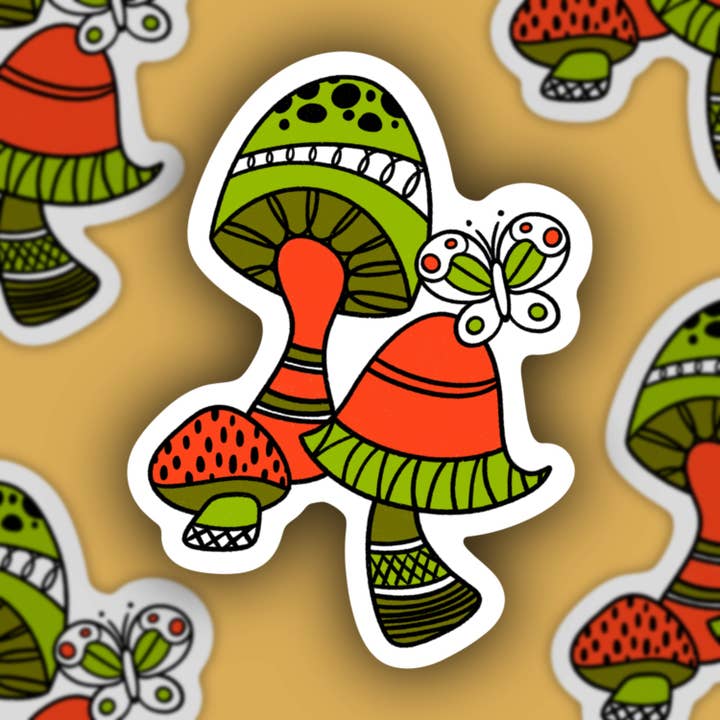 Funky Retro Mushroom, 70’s inspired sticker for wholesale by Sage and Virgo