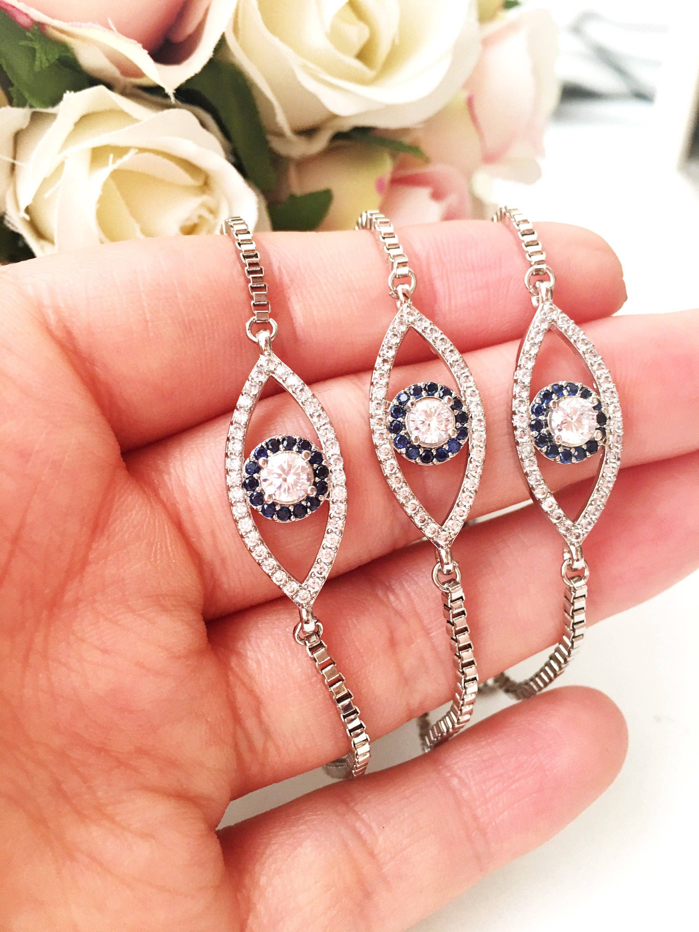 Evileyefavor - Vendita all'ingrosso Parure di gioielli - Set di bracciali in argento malocchio, bracciale rigido, braccialetto baguette, ciondolo angelo8