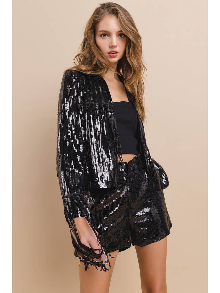 Nylon Apparel - Wholesale Jacket – Women's - 18106D-Western Sequin Collar Fringed Long Sleeves Jacket6