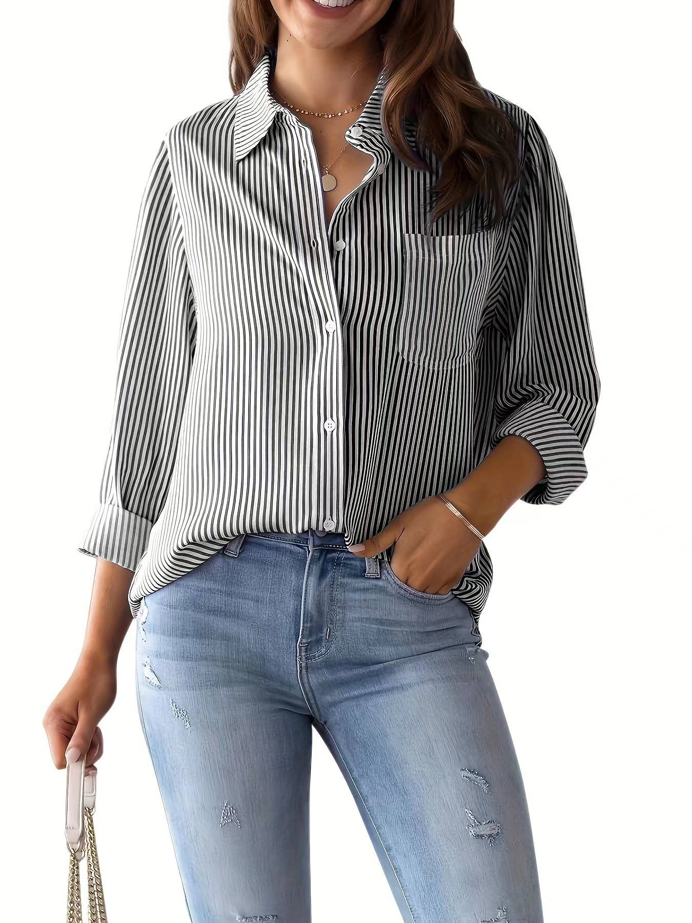 Rosa Clothing - Wholesale Button Down Shirt - Women's - Loose buttons striped shirt top3