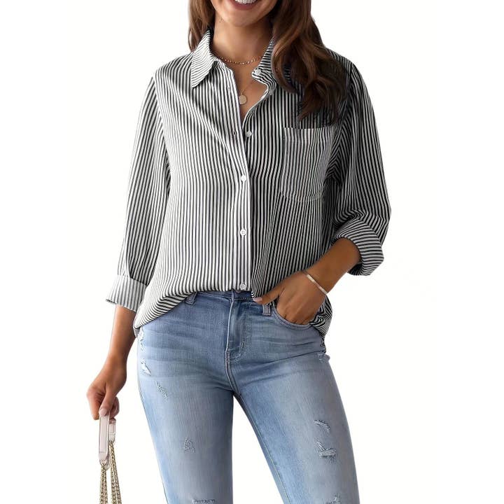Rosa Clothing - Wholesale Button Down Shirt - Women's - Loose buttons striped shirt top3