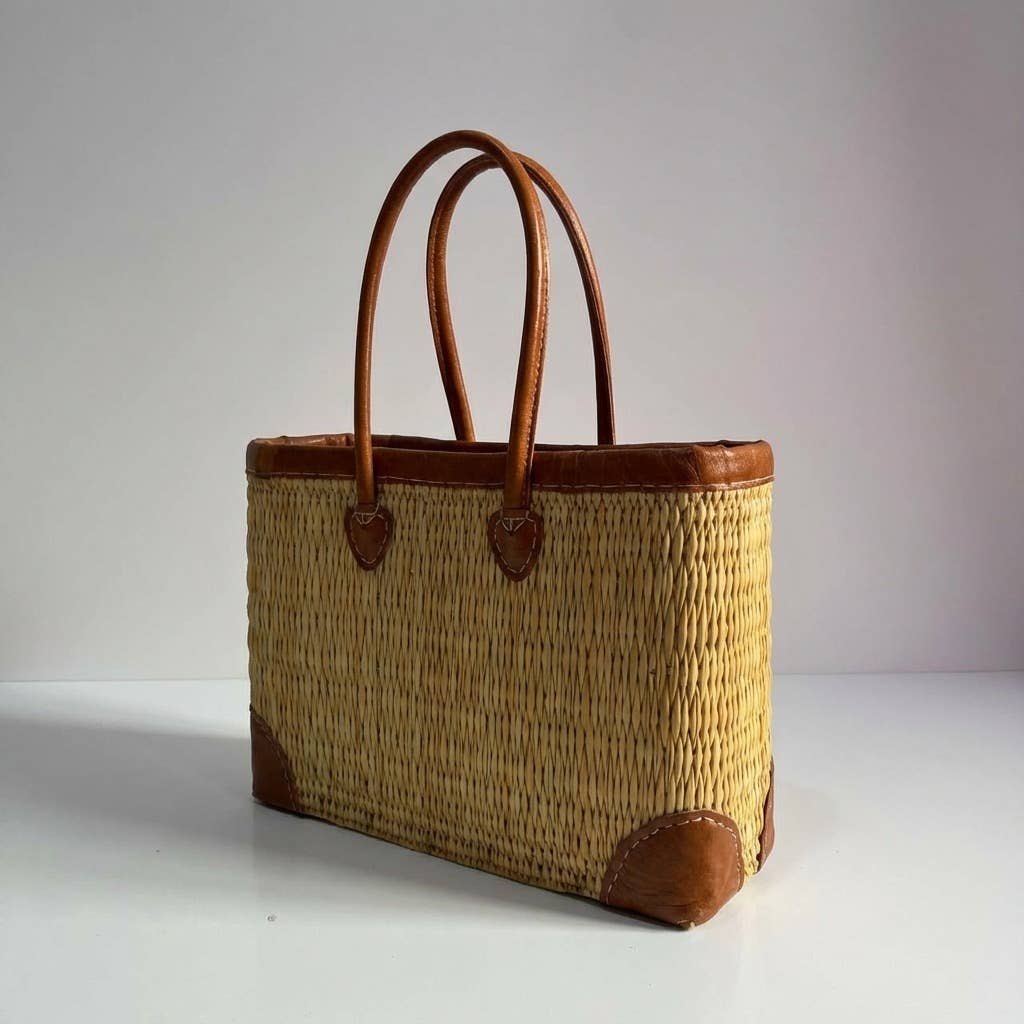 Melecraft - Vente Paniers - Panier de marché en roseau tissé de luxe avec garniture en cuir6