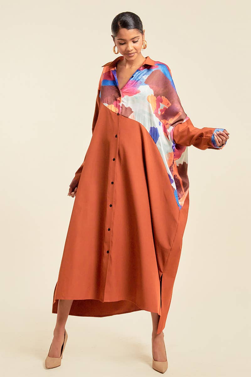 QMP Moda – wholesale Dress – Women's – PLUS - PATTERN BLOCKED SHIRT DRESS WITH POCKETS1