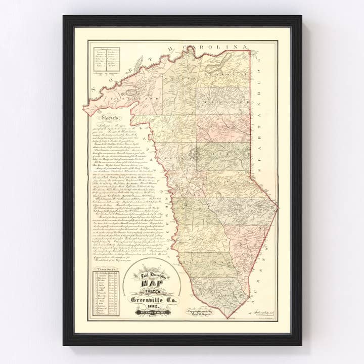 Vintage Map of Greenville County, South Carolina 1882 for wholesale by Ted's Vintage Art