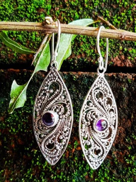 NYER059AM Bali Eye Shape Earrings in Silver with Amethyst gemstones. for wholesale by Abfab