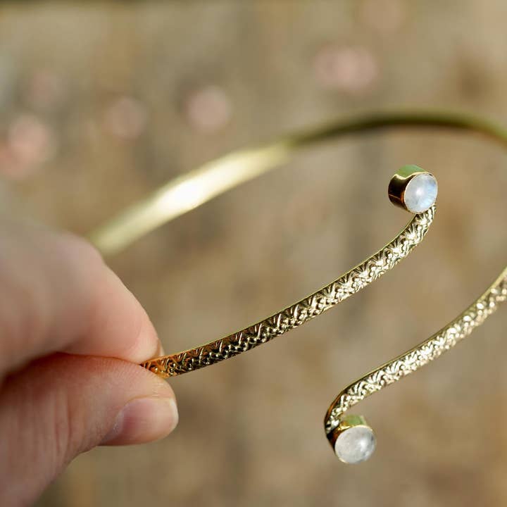 Brass Moonstone Arm Cuff Bracelet – Textured Gold Upper Arm Bracelet, Boho Goddess Jewellery, Adjustable Statement Arm Band, Festival for wholesale by Kaali Boutique