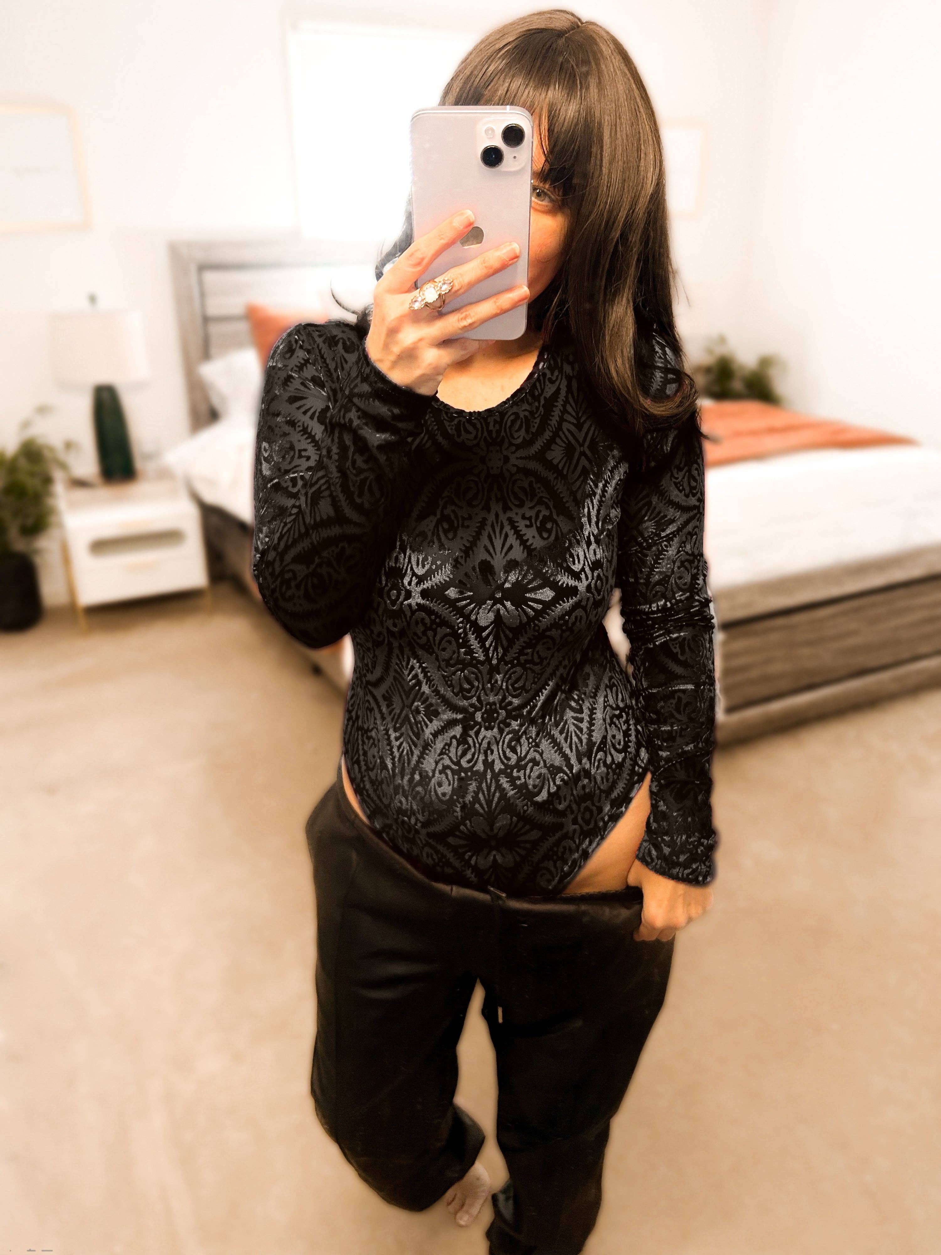 Girl Code Couture - Wholesale Bodysuit - Women's - Micha Mesh & Velvet Crewneck Bodysuit0