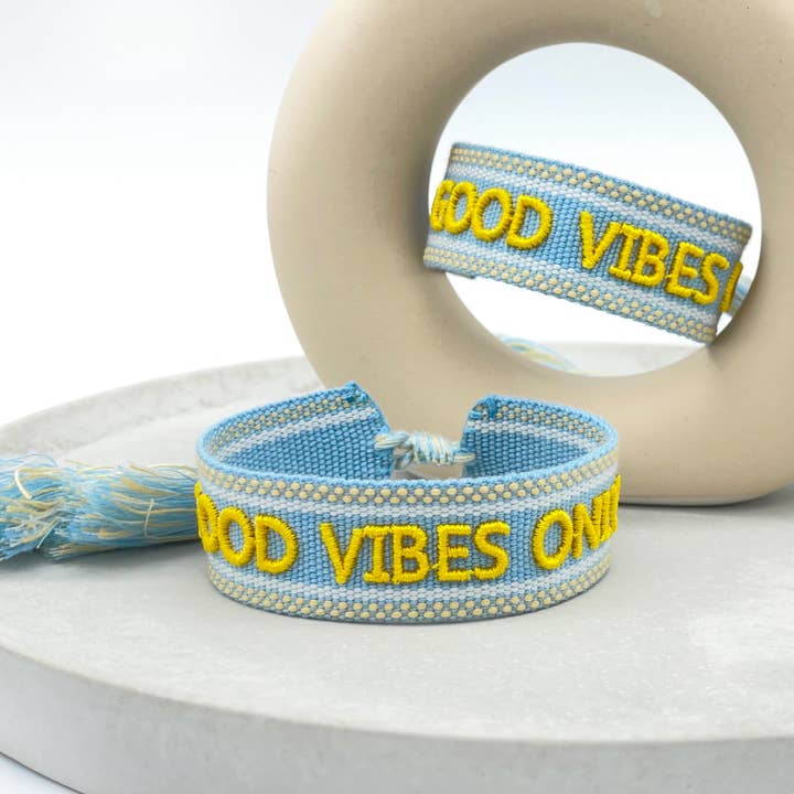 GOOD VIBES ONLY statement bracelet woven, embroidered for wholesale by Parsley & Pepper