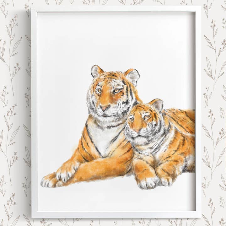 Baby Tiger och mamma akvarell konst | Safari Animal Nursery för wholesale av Triple Studio