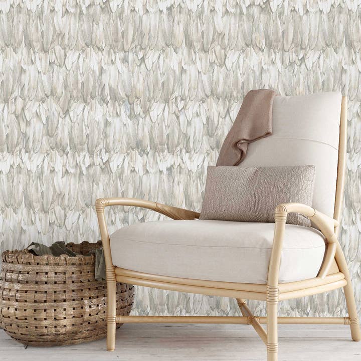 Stylish Bird Feathers Embossed Wallpaper, Modern Textured Wallcovering, Large 178 sq ft Roll, Decorative Wall Paper, Beige Neutral Colors for wholesale by Walloro Luxury Embossed Wallpaper
