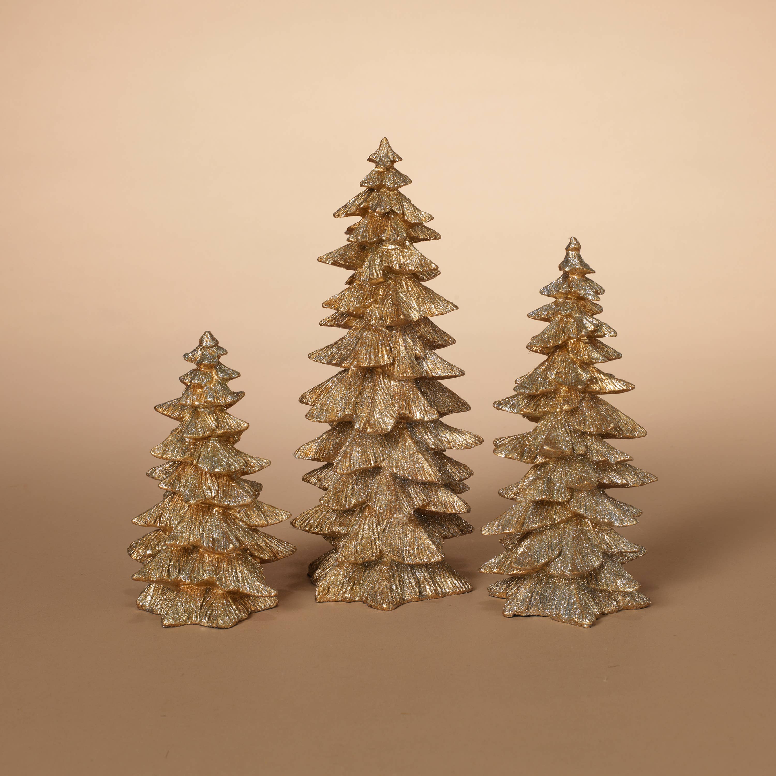 The Gerson Companies - Wholesale Christmas Decoration - Gerson Christmas S/3 Resin Gold Glitter Trees, Lg is 9.45"H0