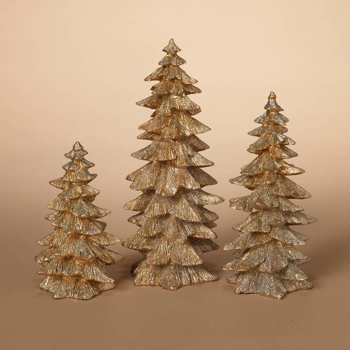 Christmas S/3 Resin Gold Glitter Trees, for wholesale by The Gerson Companies