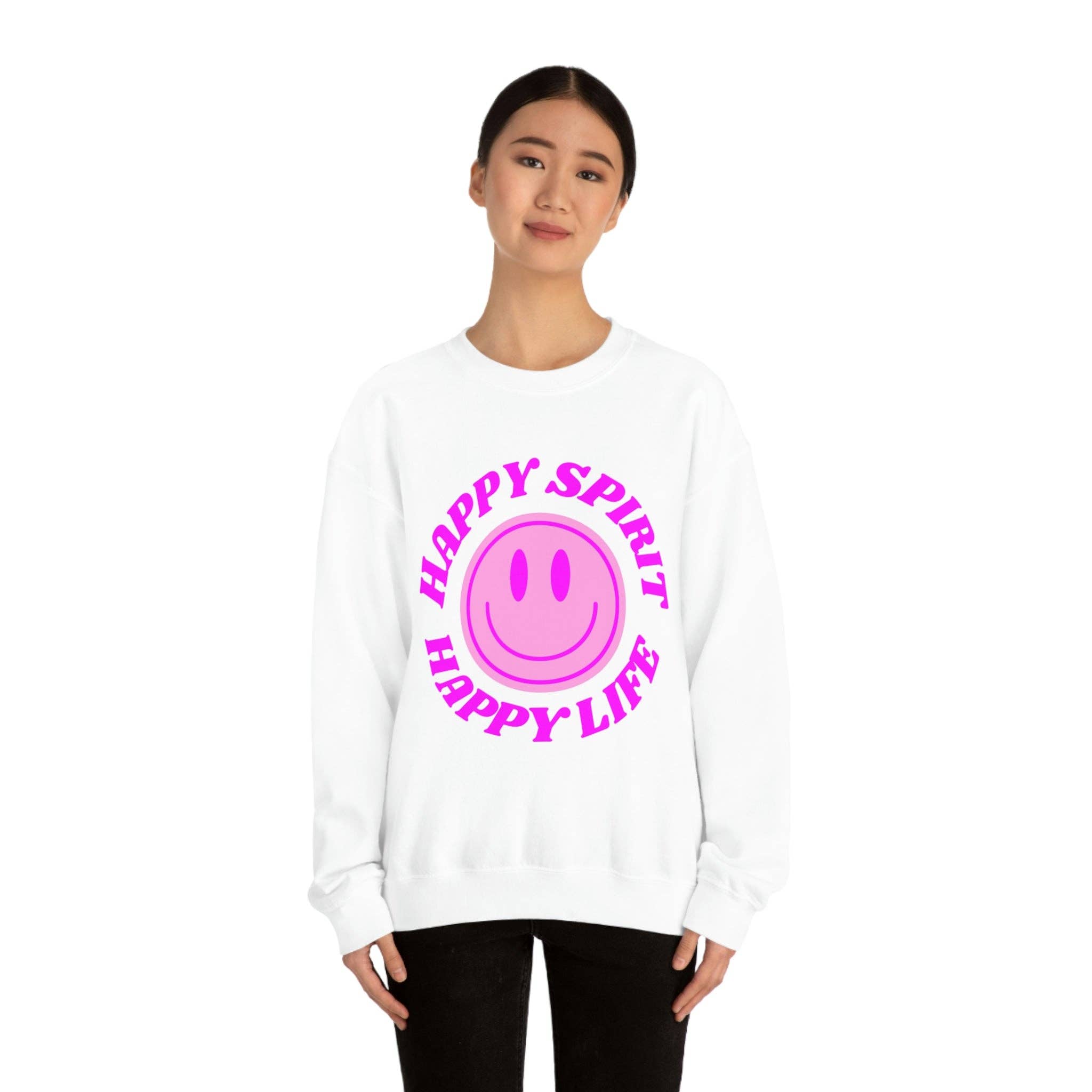 Happy Life Stuff - Wholesale Graphic Sweatshirt - Women's - Happy Spirit Happy Life Sweatshirt, VSCO Girl Crewneck, Oversized Retro Font Graphic Tumblr, Front Print Smile Face Trendy Cover Up23