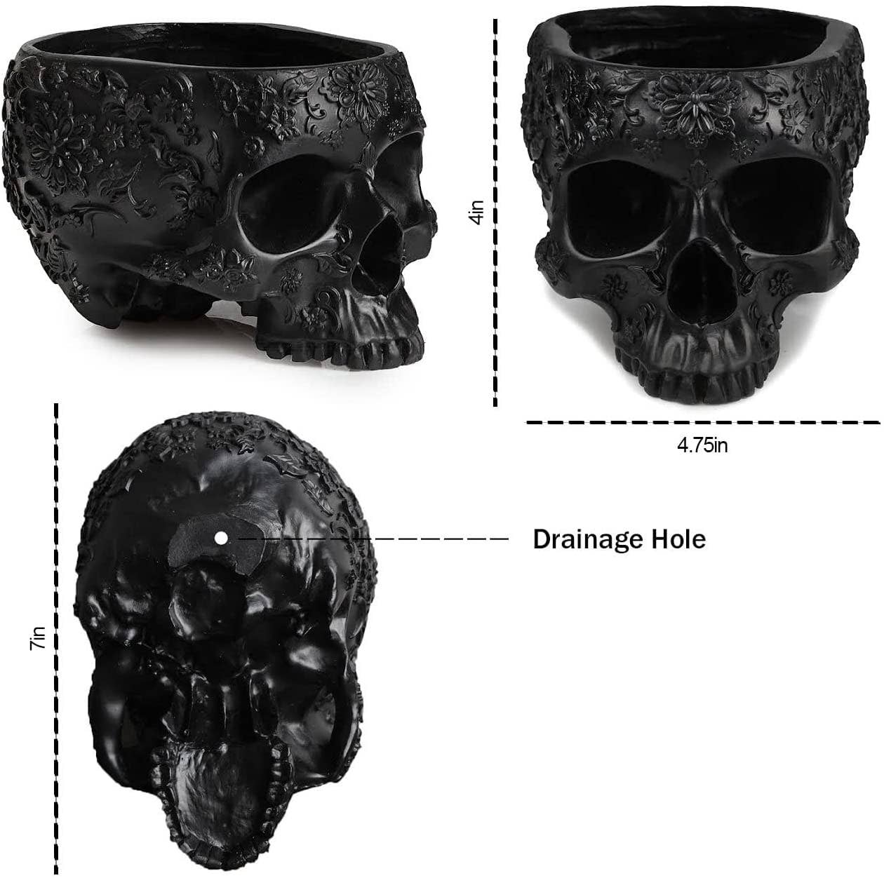 The Wine Savant /  Khen Glassware – Vaso de plantas por atacado – Vaso Plantador de Caveira 6" H Polyresin Black, Halloween Outono5