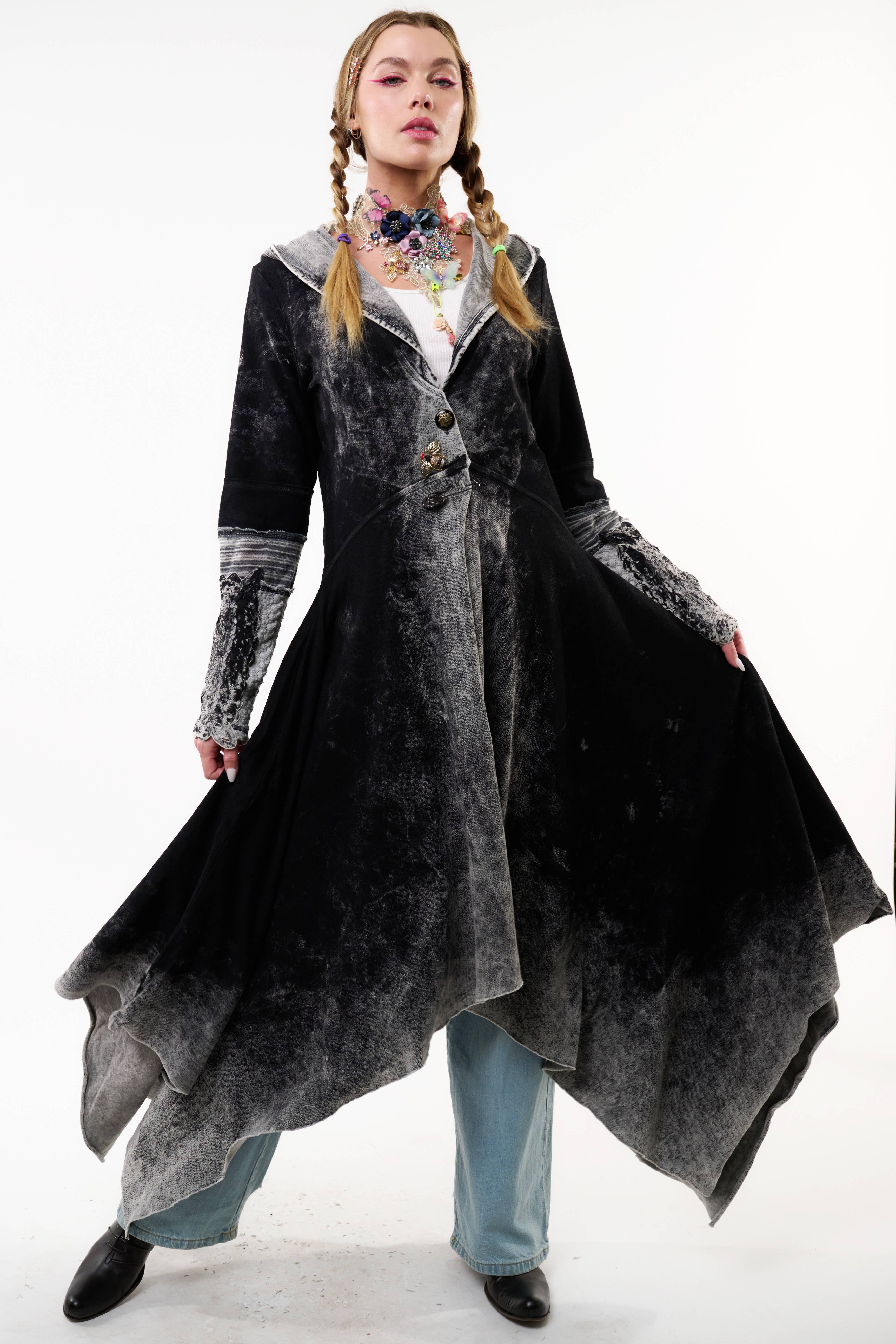 Black Acid Wash Forest Goddess French Terry Coat for wholesale on Faire7