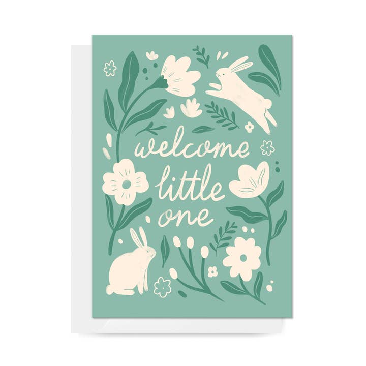 Bunny & Flowers "Welcome Little One" Greeting Card for wholesale by Carla Ellis Creative