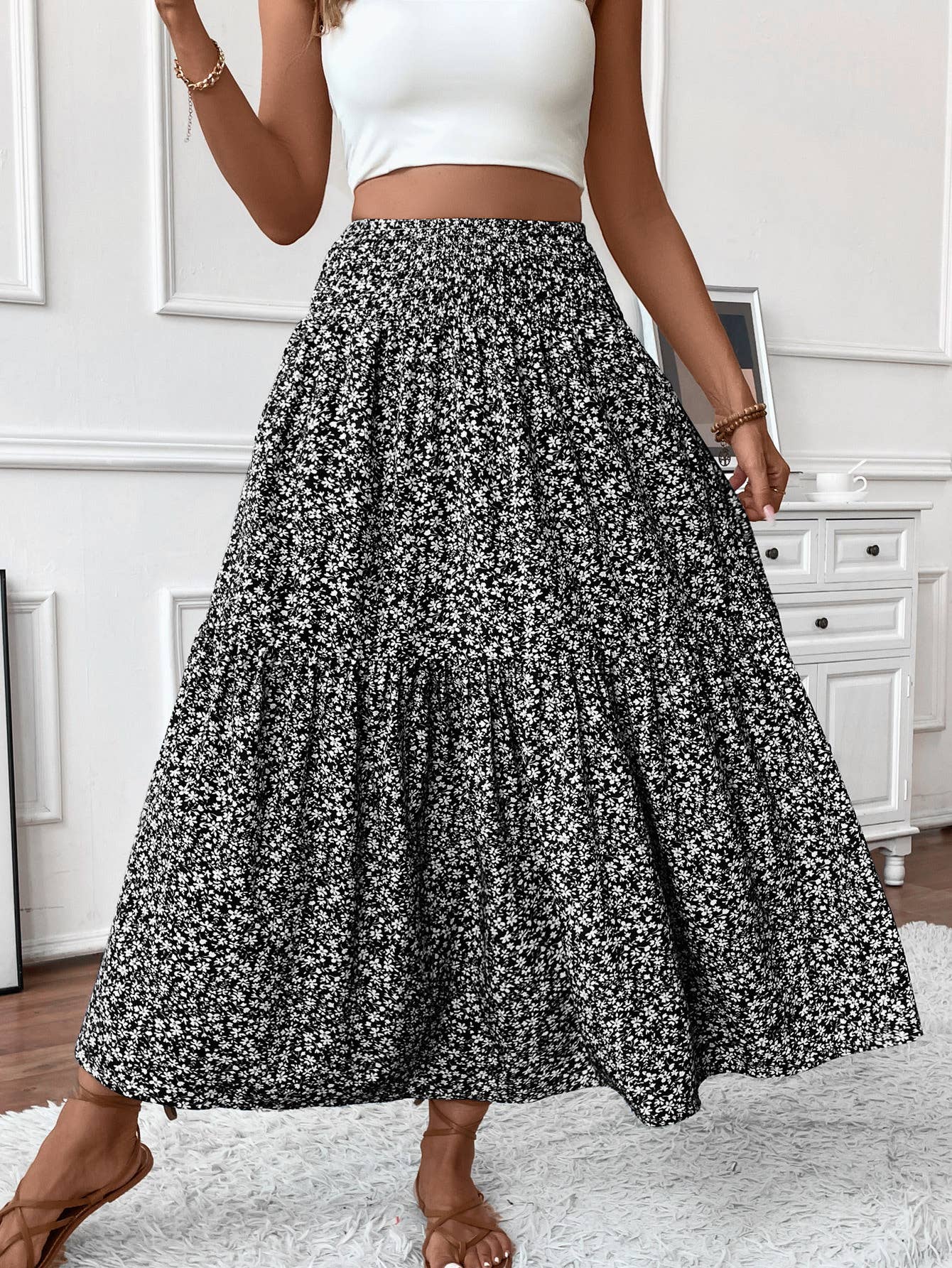 Rosa Clothing - Wholesale Skirt - Women's - Ditsy Floral Smocked Waist A-Line Skirt6