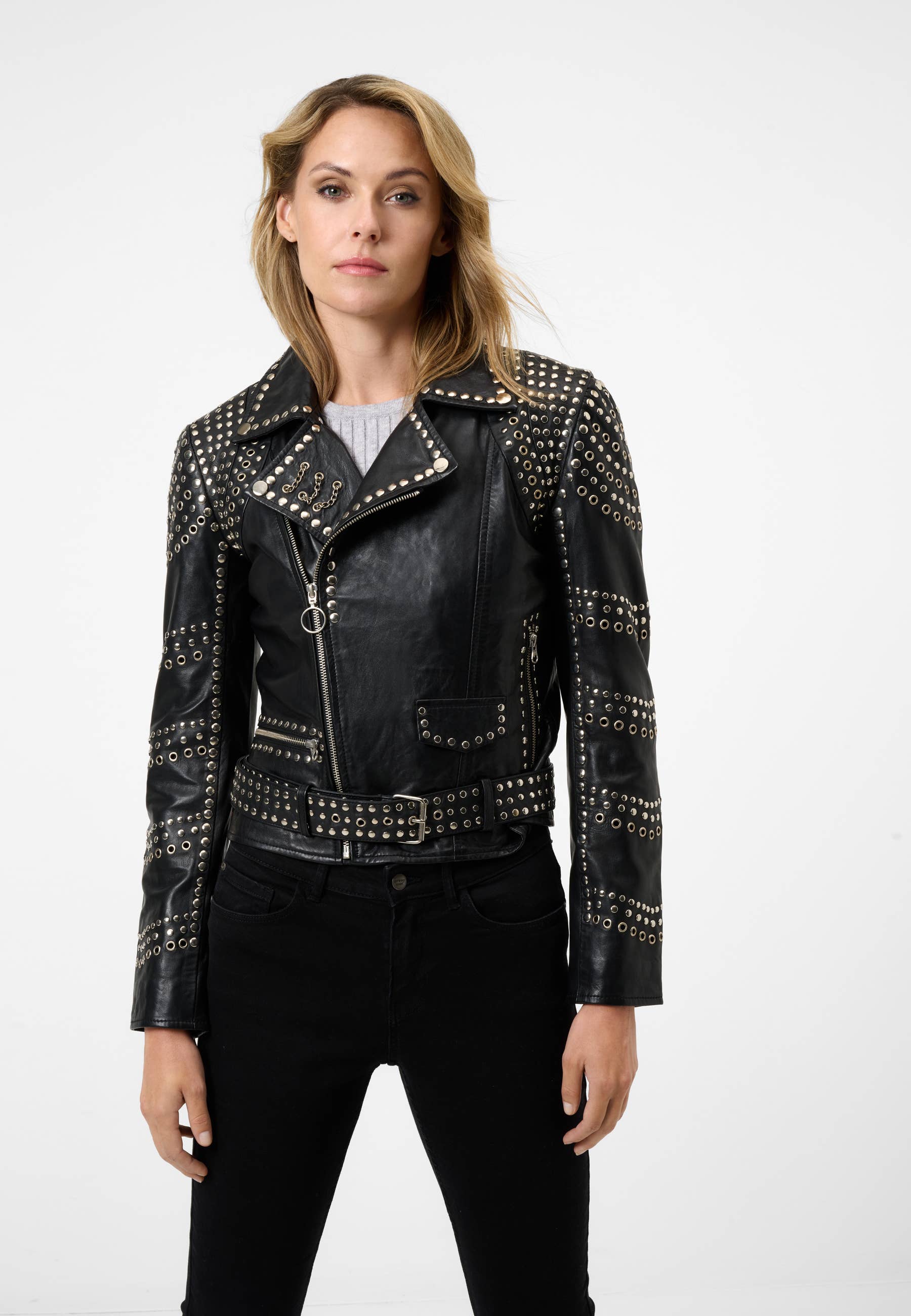 black Women's Leather Jacket Selina with Studded Trim - Lamb Nappa Leather for wholesale on Faire1
