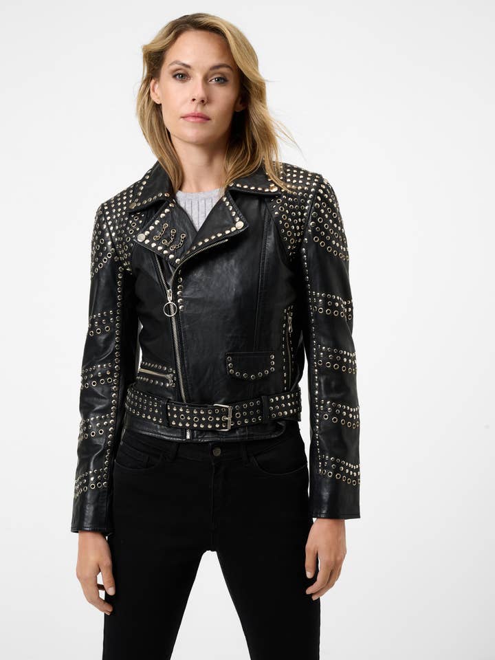 Zwart Dames leren jas Selina met studs - lamsnappa leer voor groothandel op Faire1