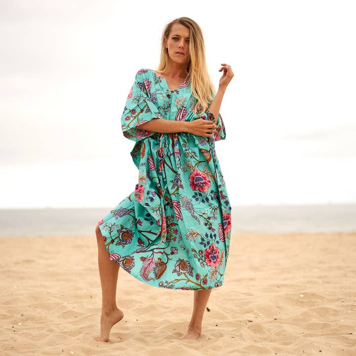 Linen Connections - Wholesale Kaftan - Women's - Cotton Kaftan Kimono Caftan Summer Dress Floral Blues