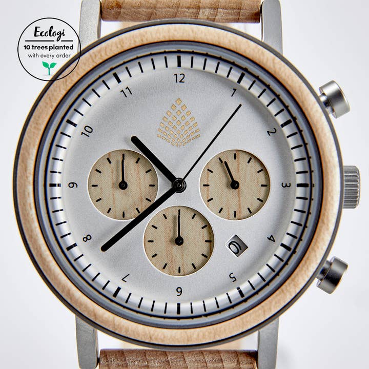 The Sustainable Watch Company - Wholesale Wrist Watch - Men's - The White Cedar - Chronograph Wood Watch - Handmade & Sustainable2