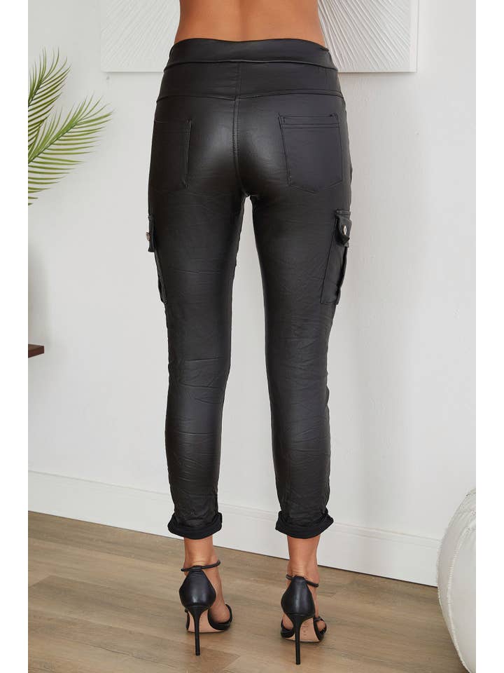 VENTI6 - Wholesale Pants - Women's - PU COATED CARGO CRINKLE JOGGERS (6809-PU)2