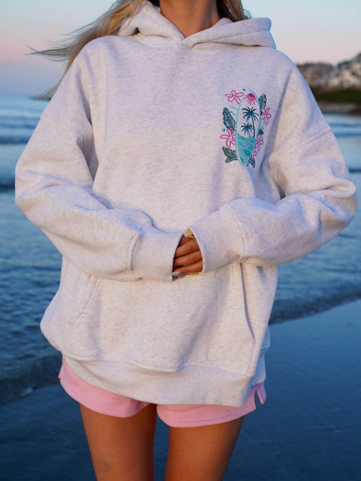 Pearl Grey Surfing The Waves Embroider Hoodie for wholesale on Faire15