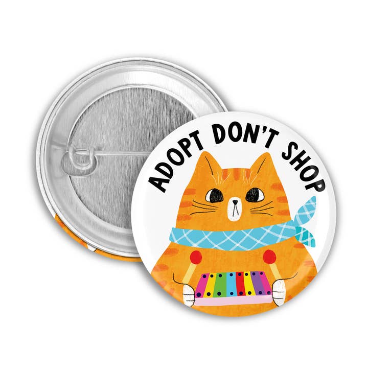 Adopt Don't Shop Music Cat Pinback 1,25" knapp/märke för wholesale av Prickly Cactus Collage