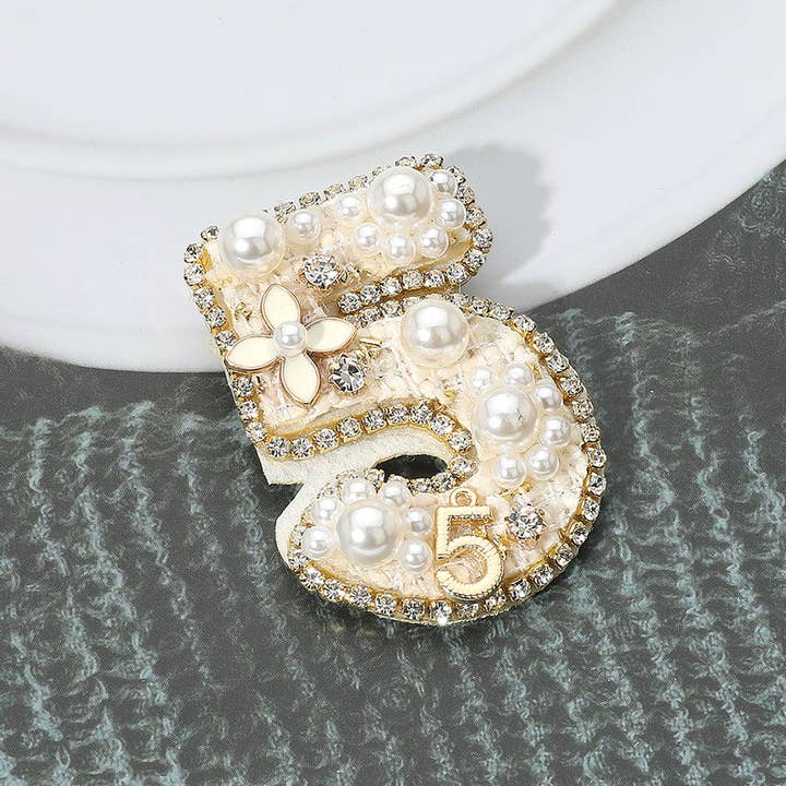 Sensibling Corp. - Wholesale Brooch - Felt Back Pearl Enamel Flower Tweed Number Five Pin Brooch1