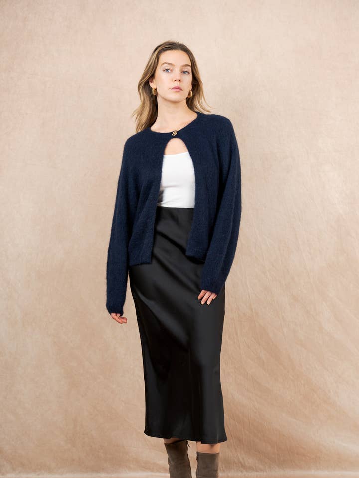 Buttoned cardigan with a collar in kid mohair wool and merino wool for wholesale by NAÏS PARIS