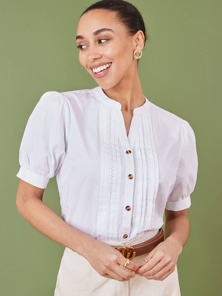 Yumi White Cotton Pleated short Sleeve Shirt for wholesale by Yumi