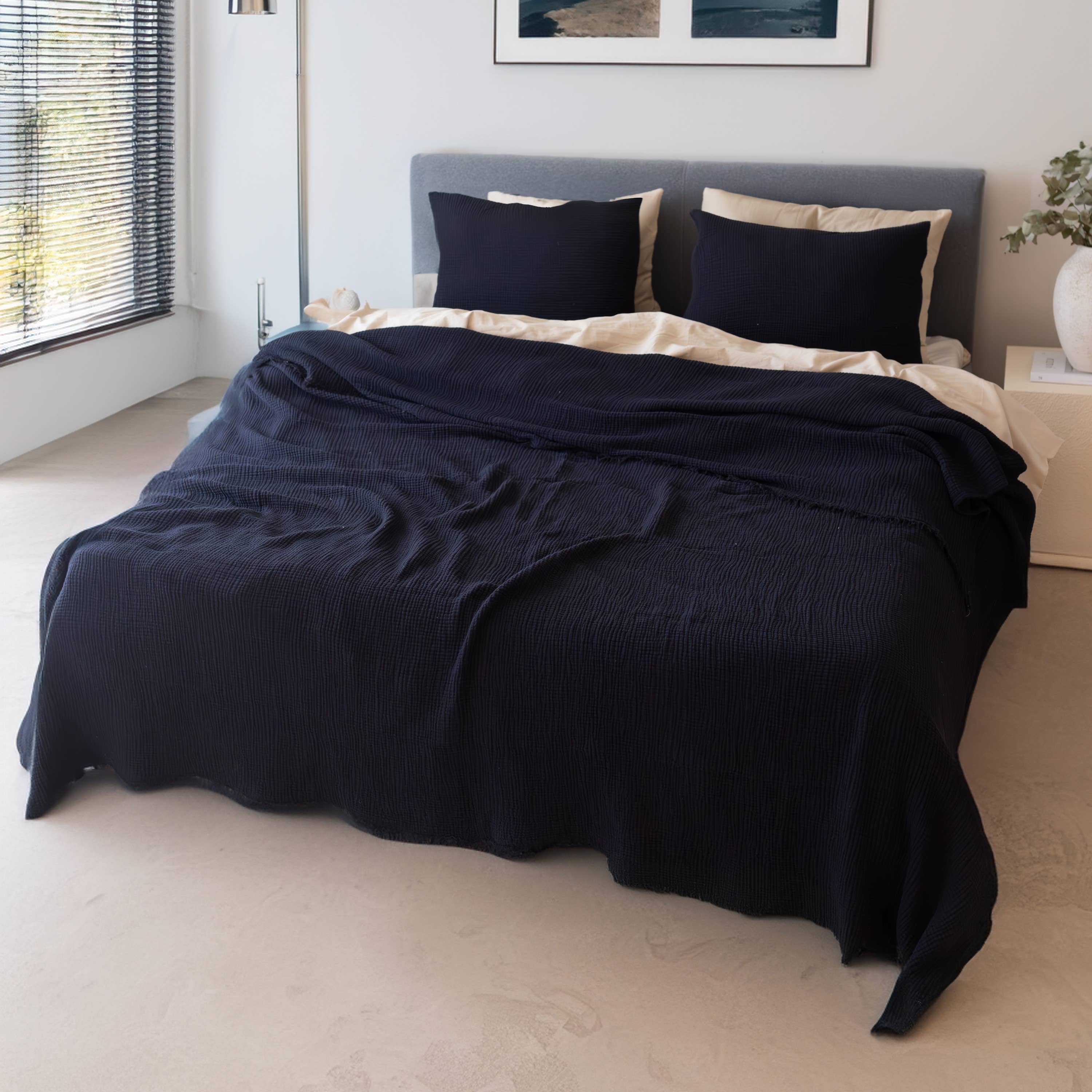 Vivamaison - Vente Plaids - Couvre-lit en mousseline frangé 100 % coton doux, 4 couches premium110