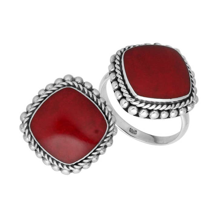 AR-6203-CR Sterling Silver Ring With Red Coral and Handcrafted Bali Rope Beaded Design-Wholesale Jewelry for wholesale by Bali Designs