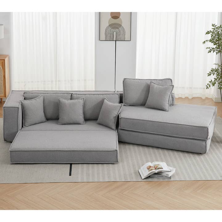 Gray Convertible 3-Seat Sleeper Sofa Bed with Lamb Velvet Fabric for wholesale on Faire