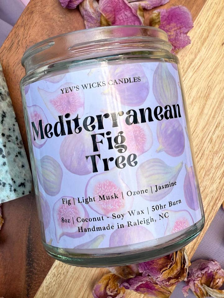 Mediterranean Fig Coconut-Soy Candle with Flowers & Crystals for wholesale by Yev's Wicks