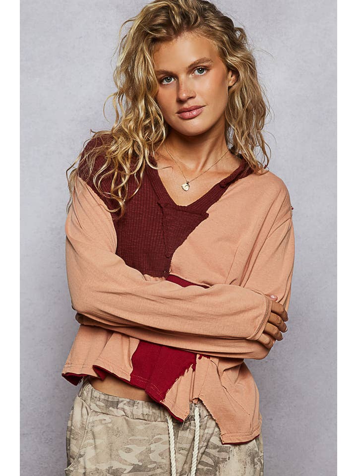 Pol Clothing - Wholesale Knit Top - Women's - Notched neck contrast fabric long sleeve top3