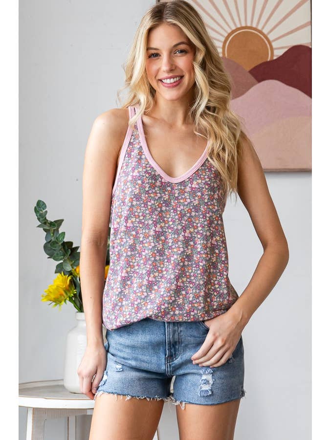 Vanilla Monkey - Wholesale Tank Top - Women's - Ditsy Floral Solid Contrast V Neck Tank Top