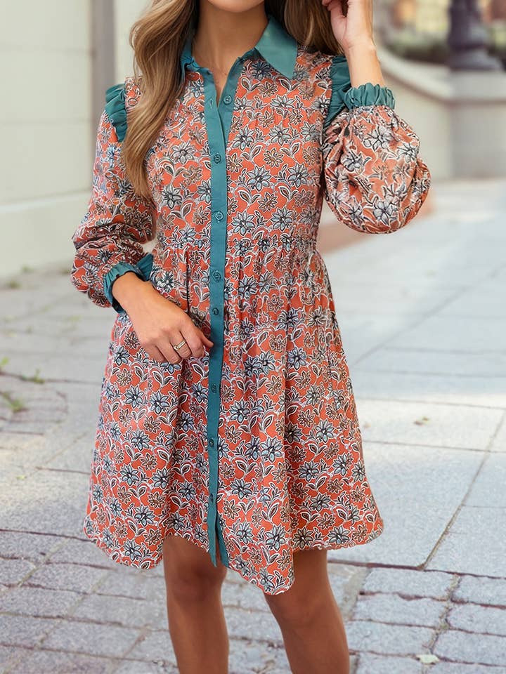 Flroal Contrast Ruffle Trim Shirt Collar Button Down Dress for wholesale by 1 the Woman