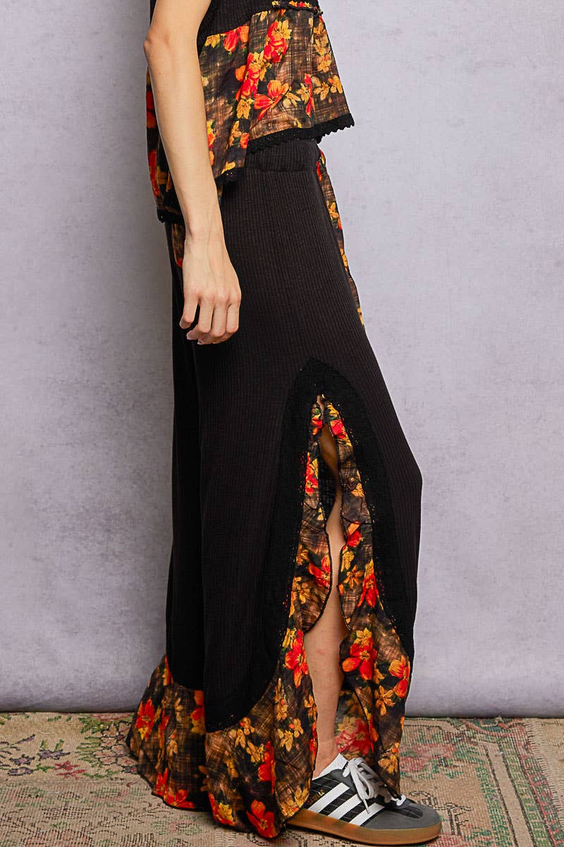 Pol Clothing - Wholesale Pants - Women's - Floral Pattern Ruffle Detail Ribbed Knit Pants8