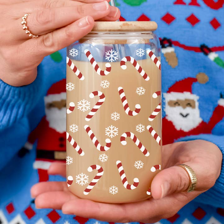 Candy Cane Christmas Can Glass. Cup With Glass Straw & Lid for wholesale by Gia Roma