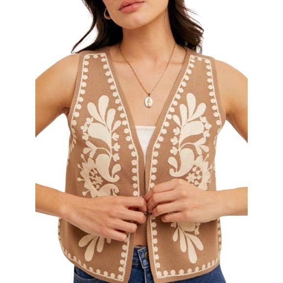 Western Inspired Embroidered Lightweight Sweater Vest for wholesale by Blue Bunny Inc