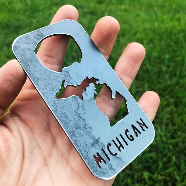 Michigan State Bottle Opener made from recycled raw steel for wholesale by BE Creations & Designs, Inc.