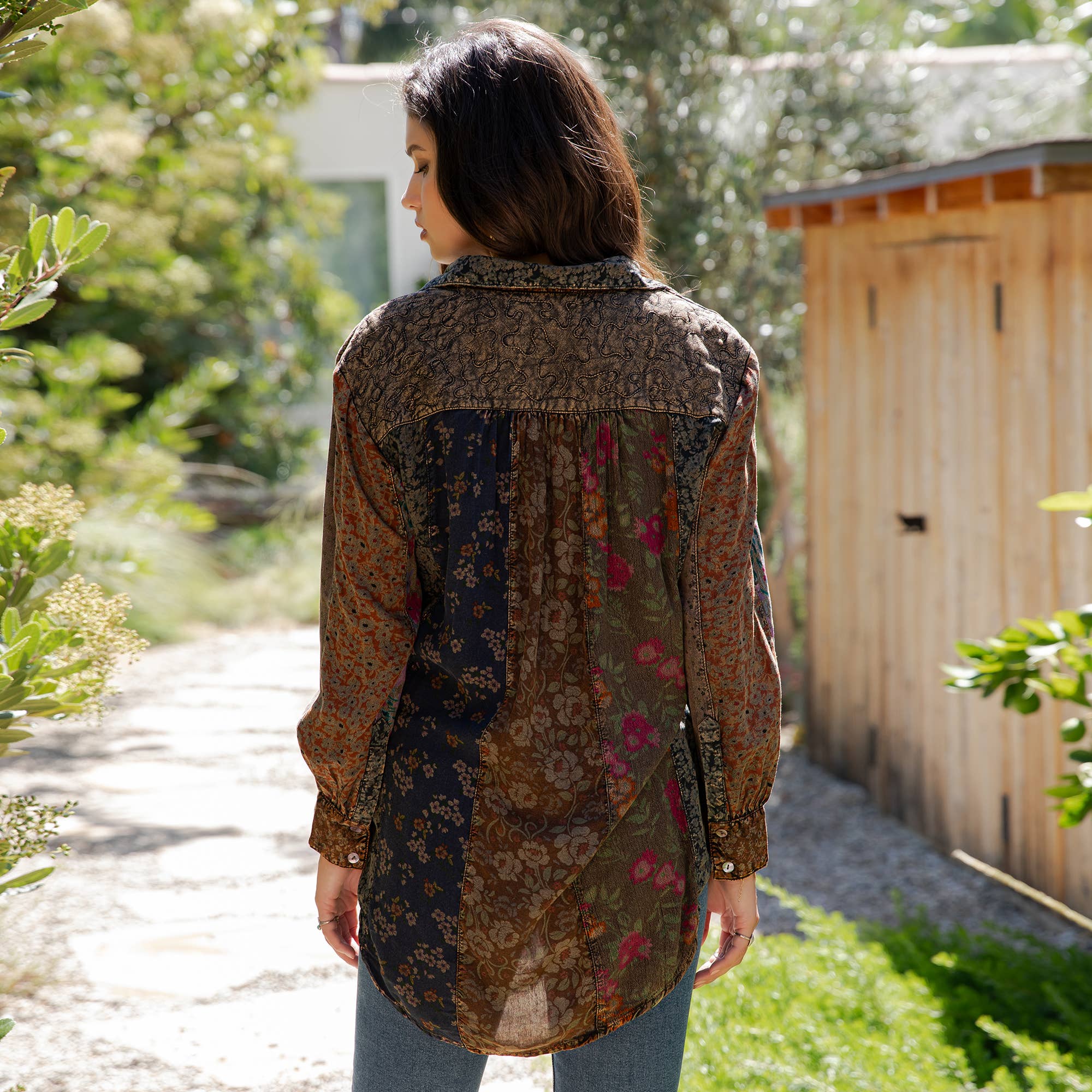 Amber Front-Open Boho Shirt with Quilted Emb & Rayon Tiers for wholesale on Faire2