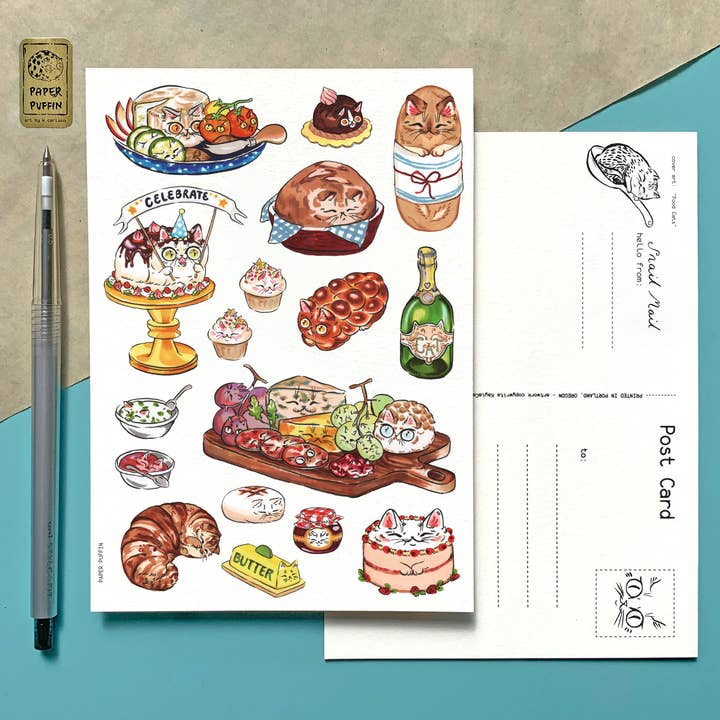 Paper Puffin - Wholesale Postcard - Celebrate! Food Cats Postcard